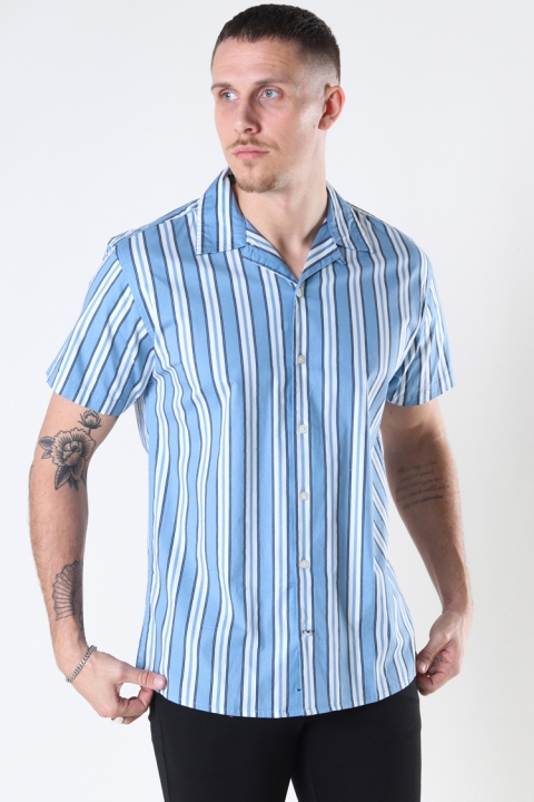Kronstadt Cuba printed stripe s/s shirt Light Blue