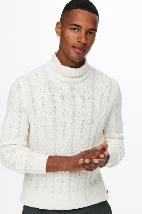 ONLY & SONS NEW RIGGE CABLE ROLL NECK  KNIT Star White