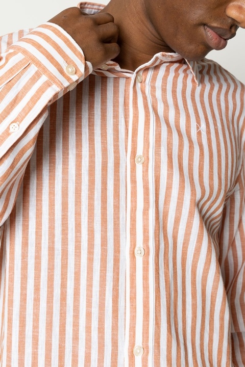 Clean Cut Copenhagen Jamie Cotton Linen Striped Shirt LS Orange/Ecru