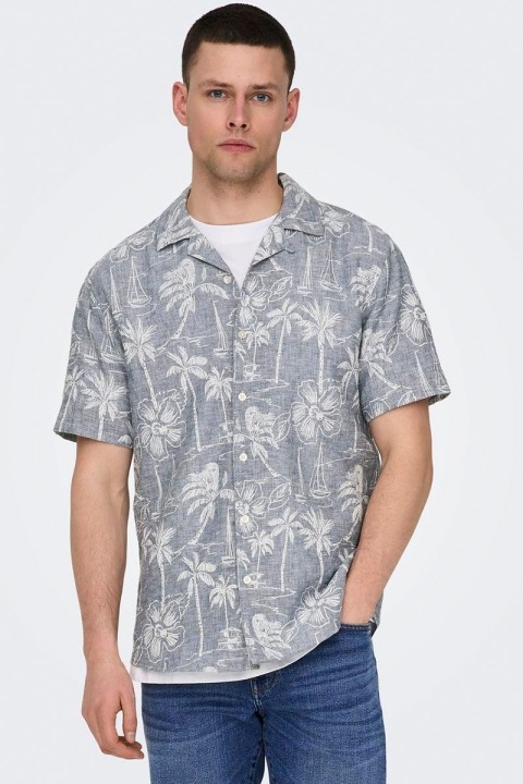 ONLY & SONS Caiden SS Regular Hawaii Linen Shirt Dress Blues