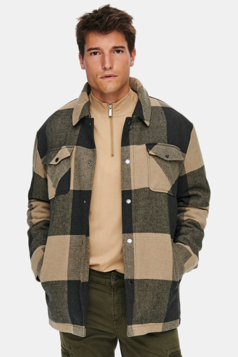 ONLY & SONS CREED LOOSE CHECK WOOL JACKET Peat CHINCHILLA
