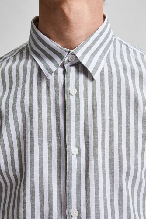 Selected SLHSLIMNEW-LINEN SHIRT SS CLASSIC W Smoke Green Stripes